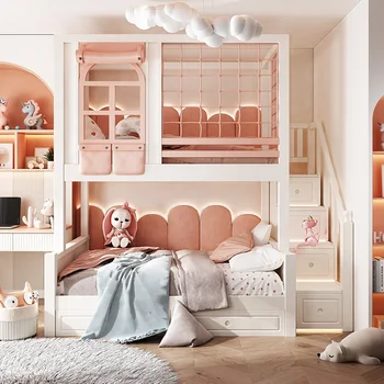 Solid Wood Romantic Pink White Princess Kids Bunk Beds Bedroom Furniture Set Bunk Beds Pink And White Slide