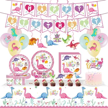 Pafu Girl Dinosaur Birthday Party Supplies Including Dino Plates Cups Napkins Swirl Cupcake Topper Pink Dinosaur Party Supplies