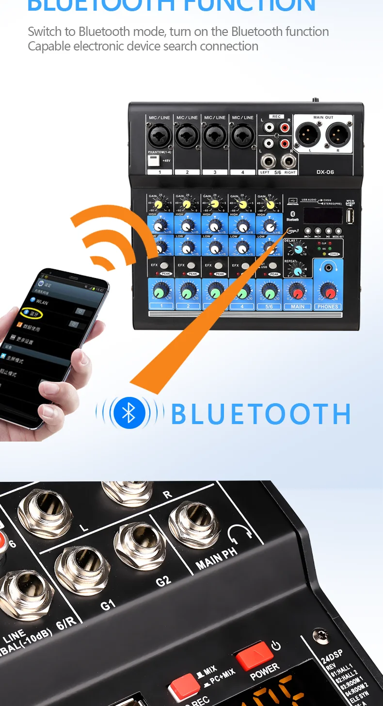 Professional Audio Mixer Sound Card Dj Mixing Console System Usb Blue Tooth Interface 48v