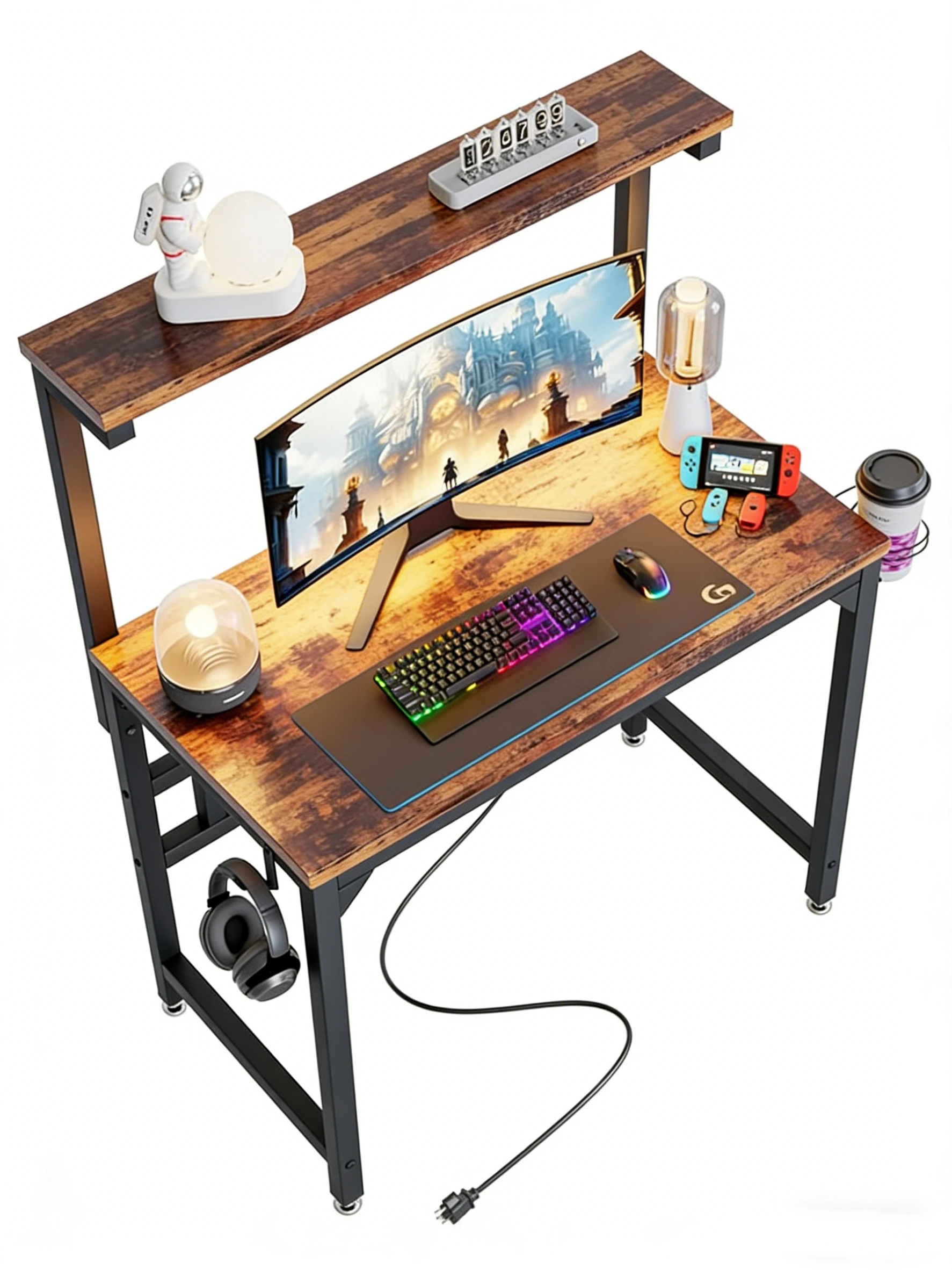 Rustic Wood Gaming Desk with Overhead Shelf & Organizers aperçu 2