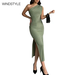 Solid Color Slanted Shoulder Split Sleeveless Pure Style Dress Casual Asymmetrical Knee-Length ODM