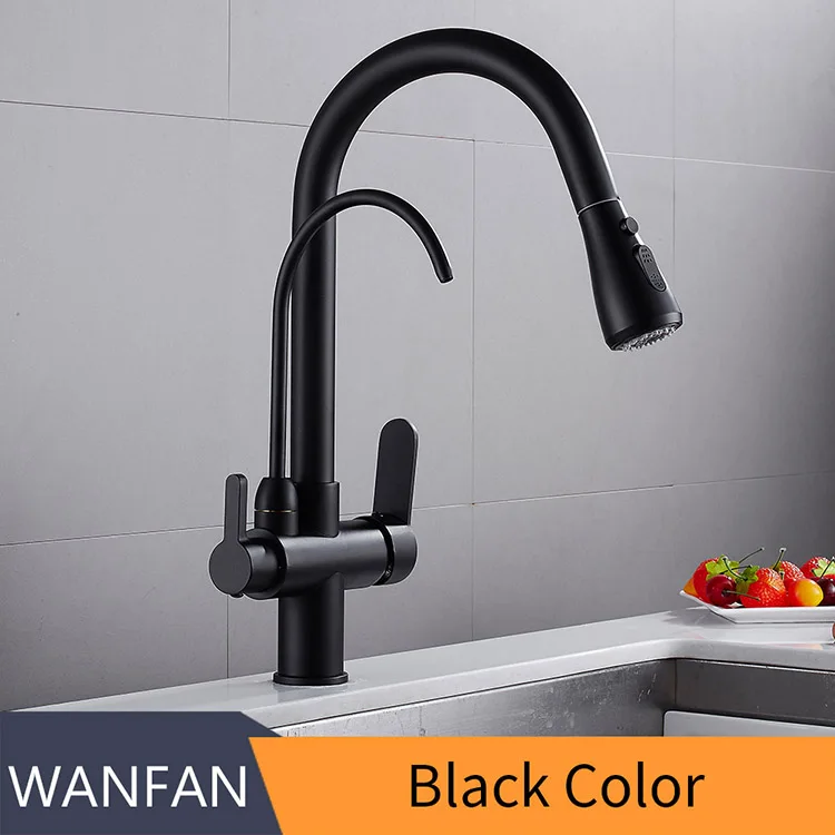 Water Filter Faucet Pull Out  3 Ways Filter Spray 1 Hole 2 Handle Kitchen Faucet Tap Mixer Matte Black