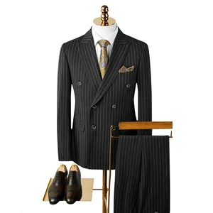 Men's Business Professional Black Striped Two-Piece Wedding Suit Comfortable Bump Collar Best Formal Workwear for Plus Size