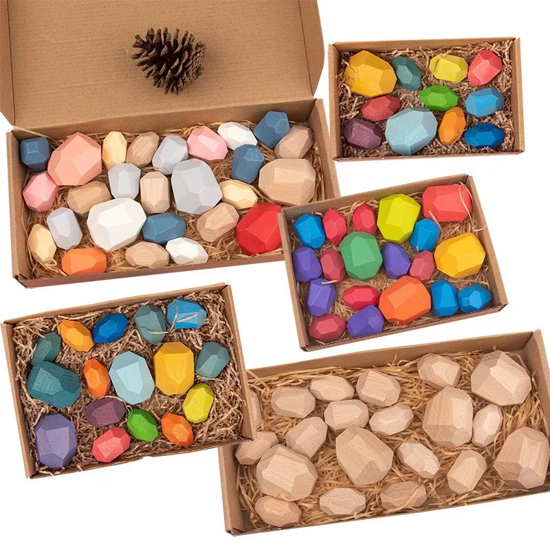 Hoye Crafts Rainbow Sorting Building Blocks Kids Stacking Rocks Wood Balancing Wooden Stones Children Stacking Toys