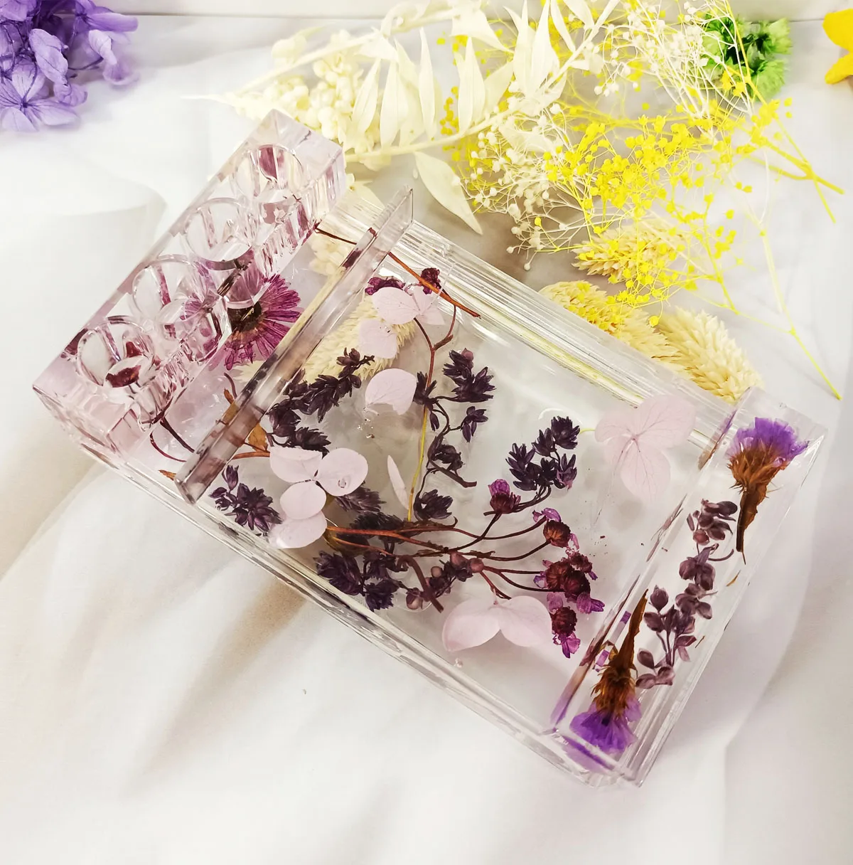 Маркетинг акриловые Memo ручка держатель телефона Фиолетовый Природа засушенные цветы коллекция офиса школы дома Настольный Органайзер