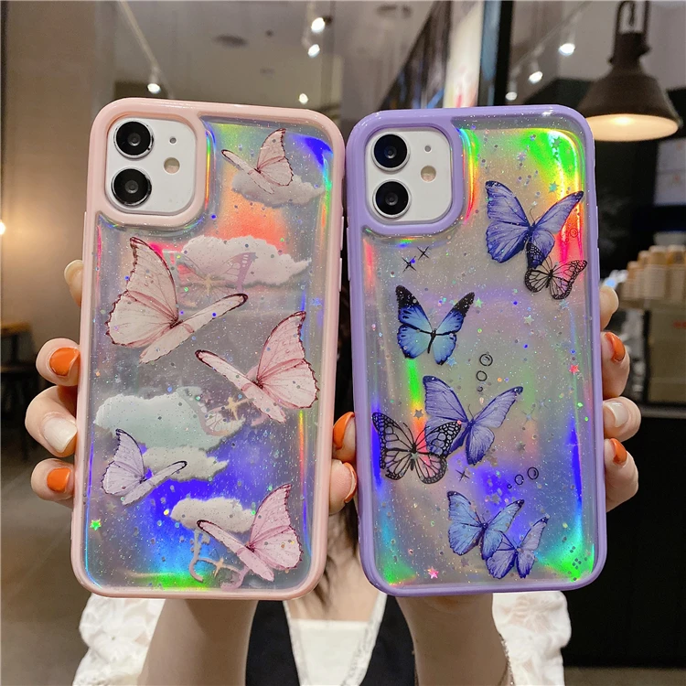 Hot Selling Cute Cartoon Girl Luxury Glitter Butterfly Candy Color Pink Purple Glitter Hard Phone Case For Iphone 12 11 Pro Max Buy Butterfly Phone Case For Iphone 12 Glitter Phone Case