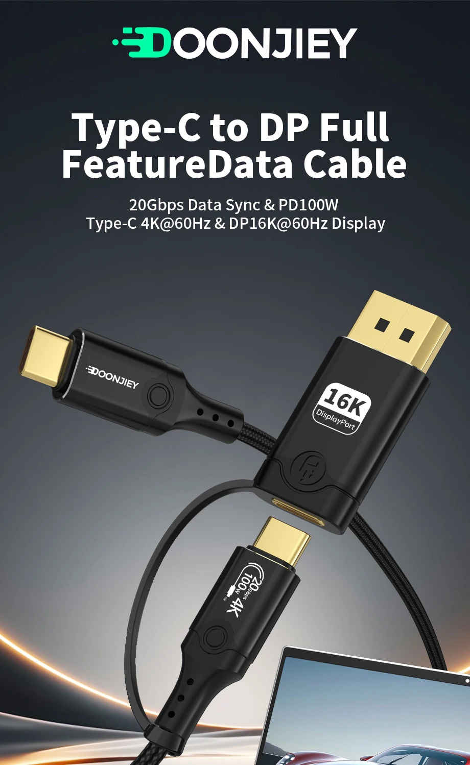 USB 3.2 Cable with DP Adapter - 2-in-1 16K 60Hz Type-C 20Gbps Data Transfer 8K PD 100W Full-Featured Cable with DP Adapter