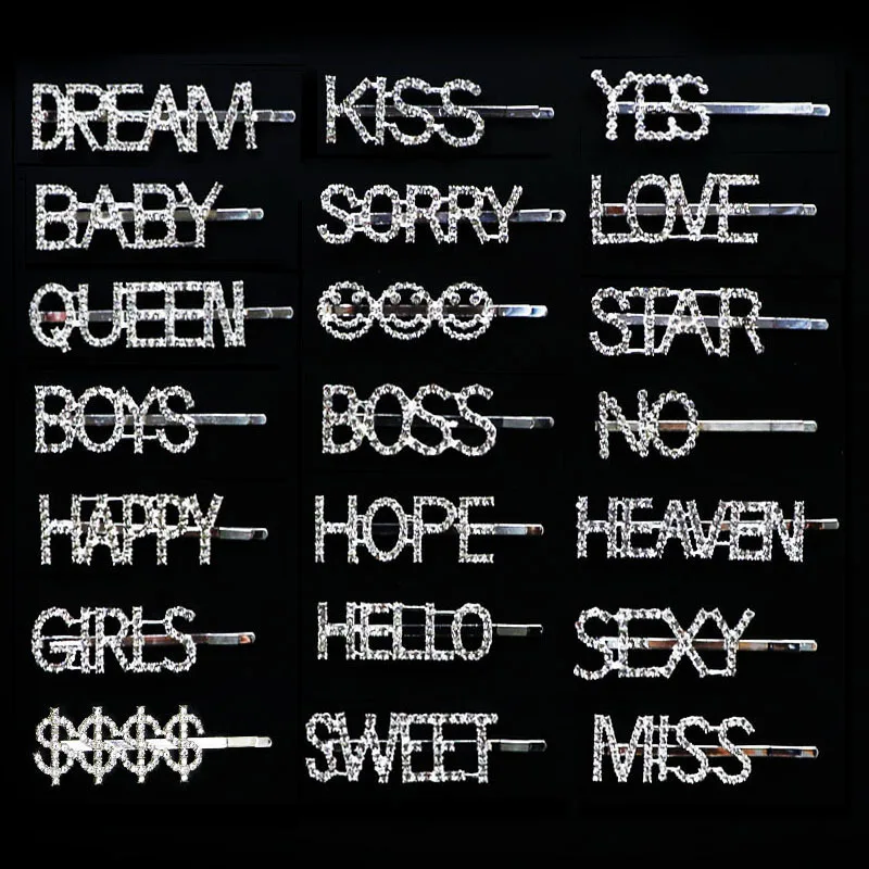 Go Party Letter Hair Pins Crystal Rhinestones Bobby Pin Hair Clips Women Hairgrip Full Diamond Barrette Hair Accessories