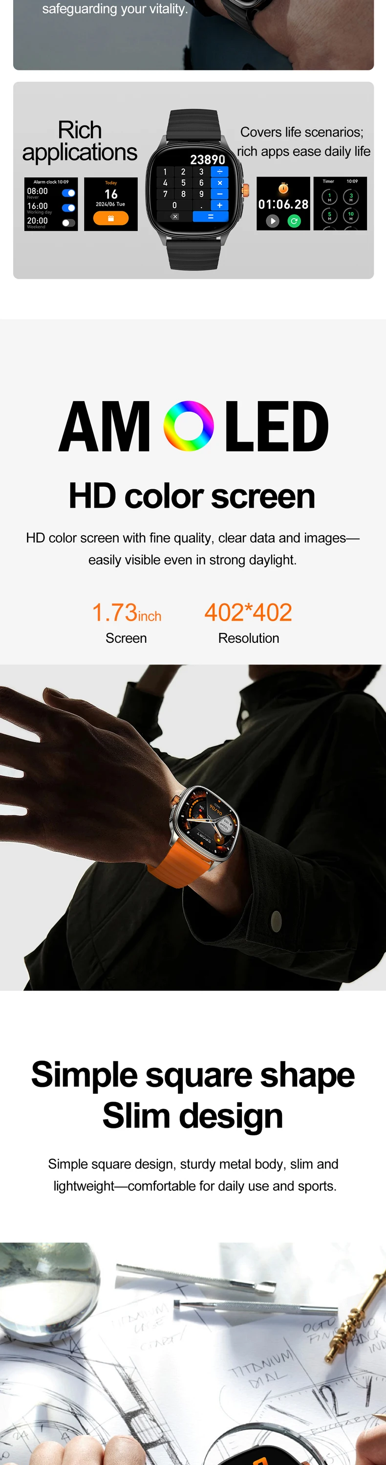 product hot design 2026 smart watch hk73 black orange ultra thin body 173inch amoled screen custom faces bt calling unisex smartwatch-6