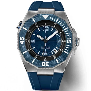 Top Custom Logo 43mm Carbon Fiber Bezel Men's Watches Automatic Mechanical Luxury Sellita SW200-1 for Blue Rubber Strap