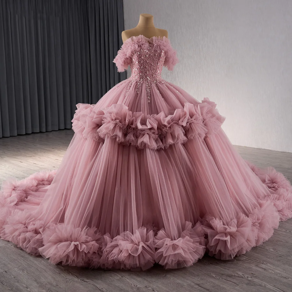Pink Ball Gown Quinceanera Dresses Beads Tulle Fluff - Main Image