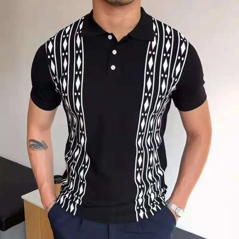 Men Pattern Stripe Print Patchwork Knitting Casual Soft Summer Fashion Men Short Sleeve Slim GOLF Polo Shirt