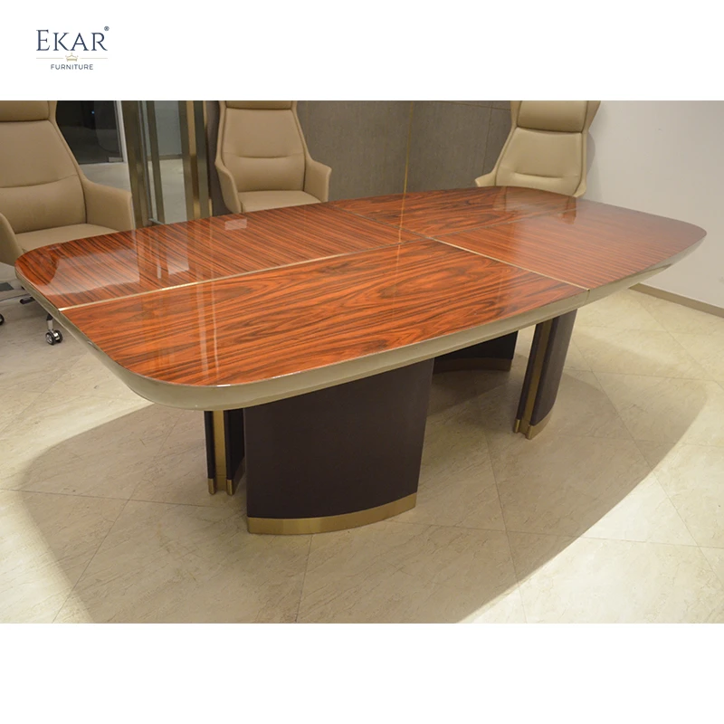 Elegant Veneer Stitched High-Gloss Finish Office Conference Table with Faux Leather Legs and Stainless Steel Accents supplier