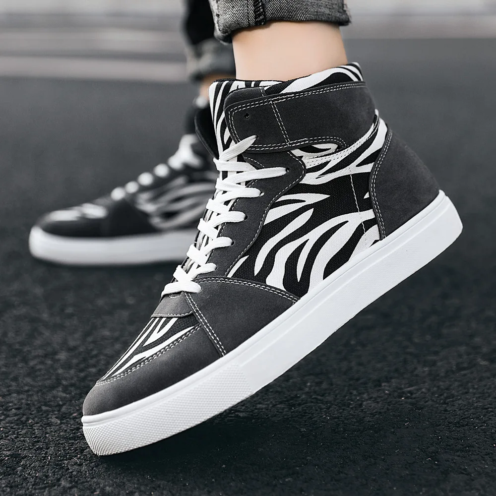 New summer men's shoes leopard print canvas shoes print high top shoes plus-size men's