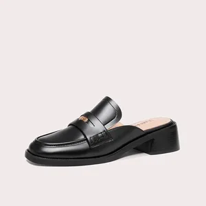 Lily Wei Casual Half Slippers Comfortable Leather Solid Color Low Heels Flats Loafer Mules for Business Work