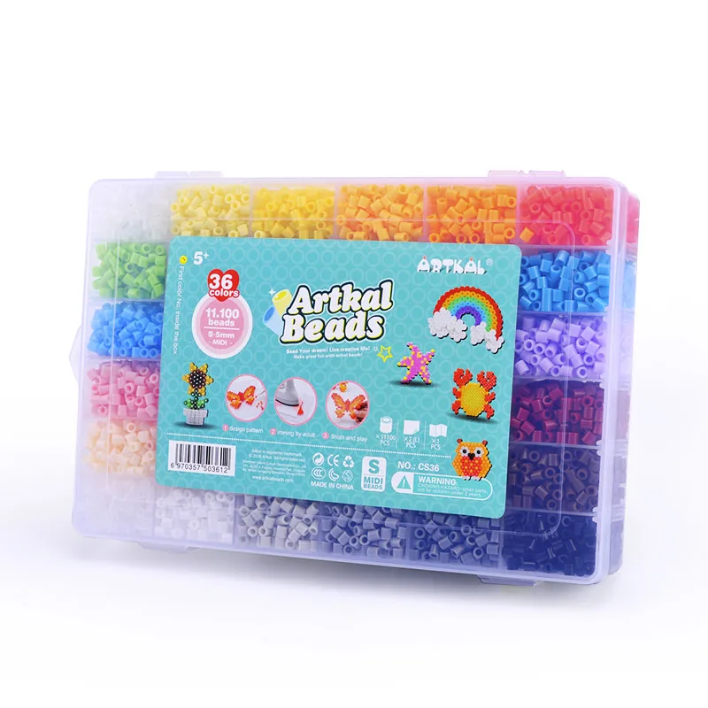 36 Colors Kids Fuse Beads Kit; 11,000 Beads 3 pegboards 2 Tweezers and 2 Sheets of Ironing Paper with Storage Container Included 