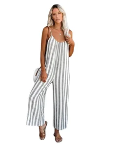 Factory Custom European and American Ladies Loose Casual Sleeveless Open Back Suspender Striped Jumpsuit Sexy Rompers  2023