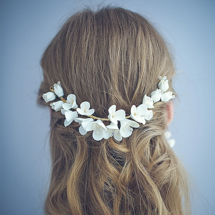 Elegant Handmade White Ceramic Flower Headdress Bridesmaid Bridal Accessories Jewelry Women Hair Combs Earrings