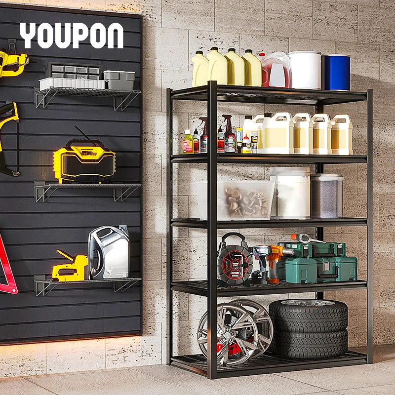 Factory Wholesale Slot Steel Standing Type Adjustable 5-Layer Boltless Storage Shelves for Garage Home & Kitchen Use Wardrobe