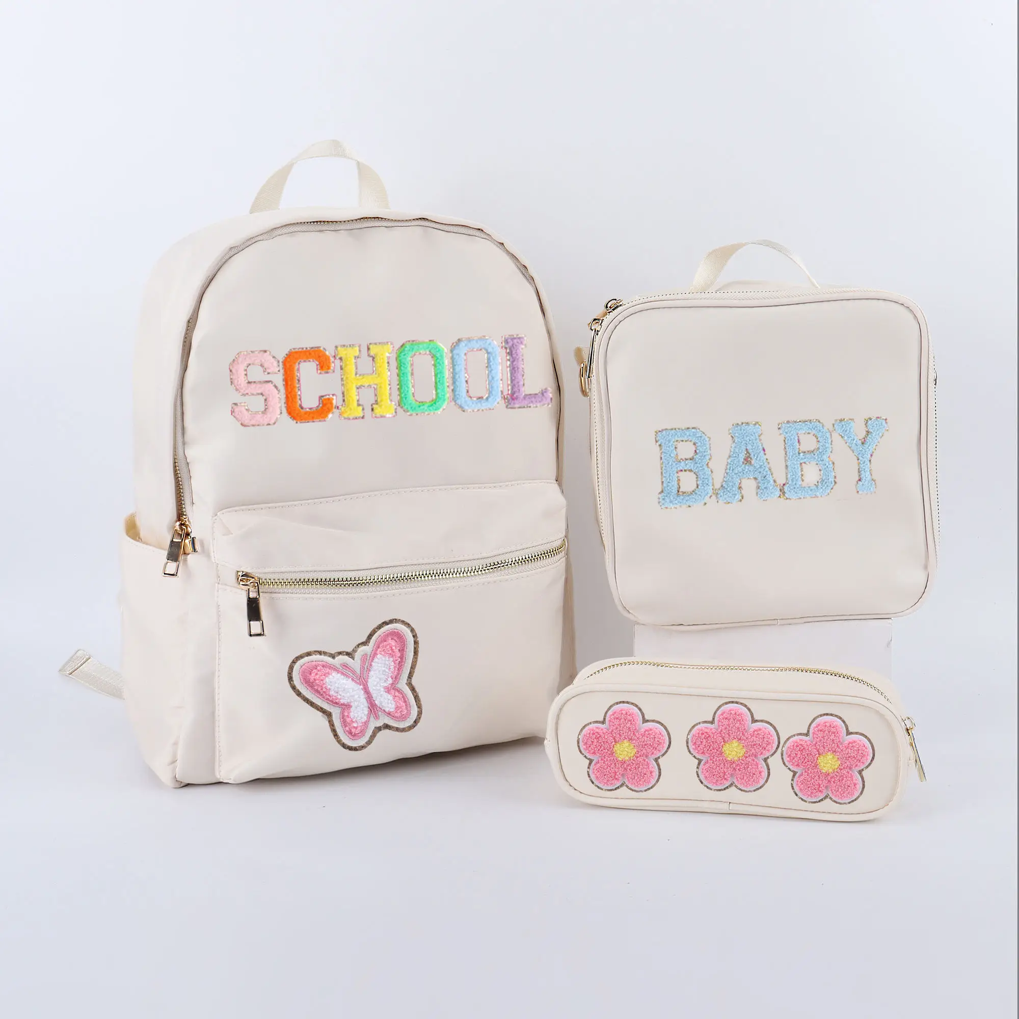 Custom Logo Nylon Essential School Bags Zipper Back-to-School Kids Students Children School Bag Sets Waterproof School Backpacks