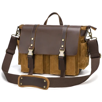 Waterproof Waxed Canvas Real Leather Messenger Bag Large Men's Shoulder Satchel for Travel Business Office Work Briefcase