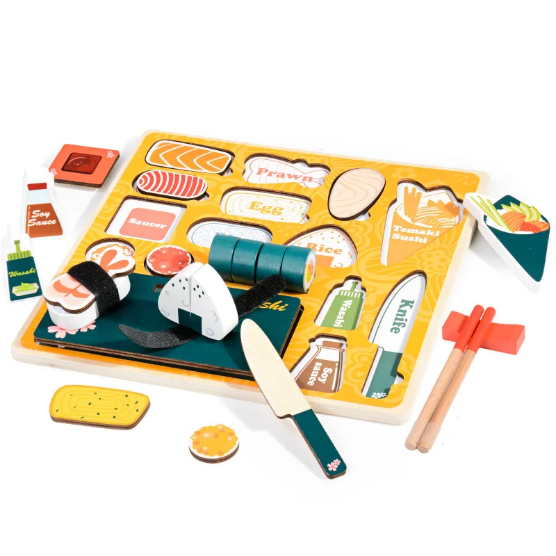 Sushi Pretend Food Kid Kitchen Toy Set 14 pc Wooden Toy Gifts for Toddlers Kids 