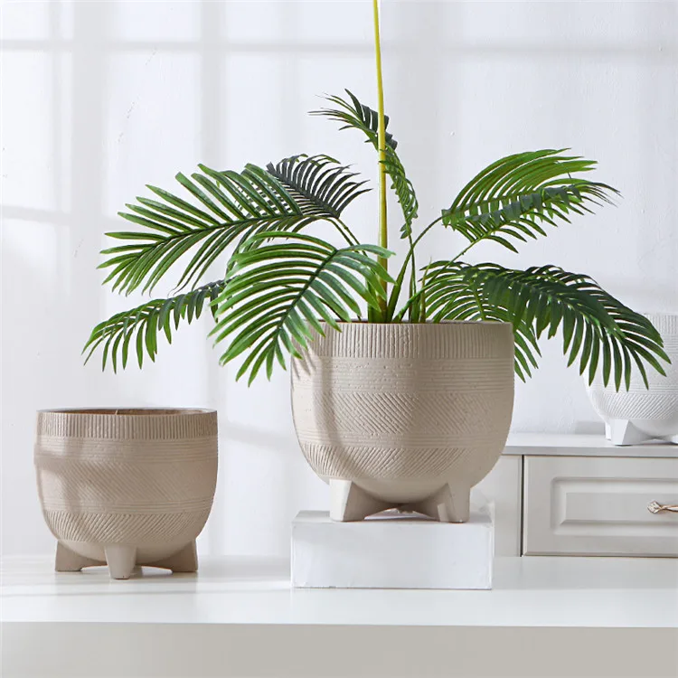 Large Diameter White Stripe Concrete Matte Floor Garden Table Planter Flowerpot Modern Garden Flower Plant Pot with Feet