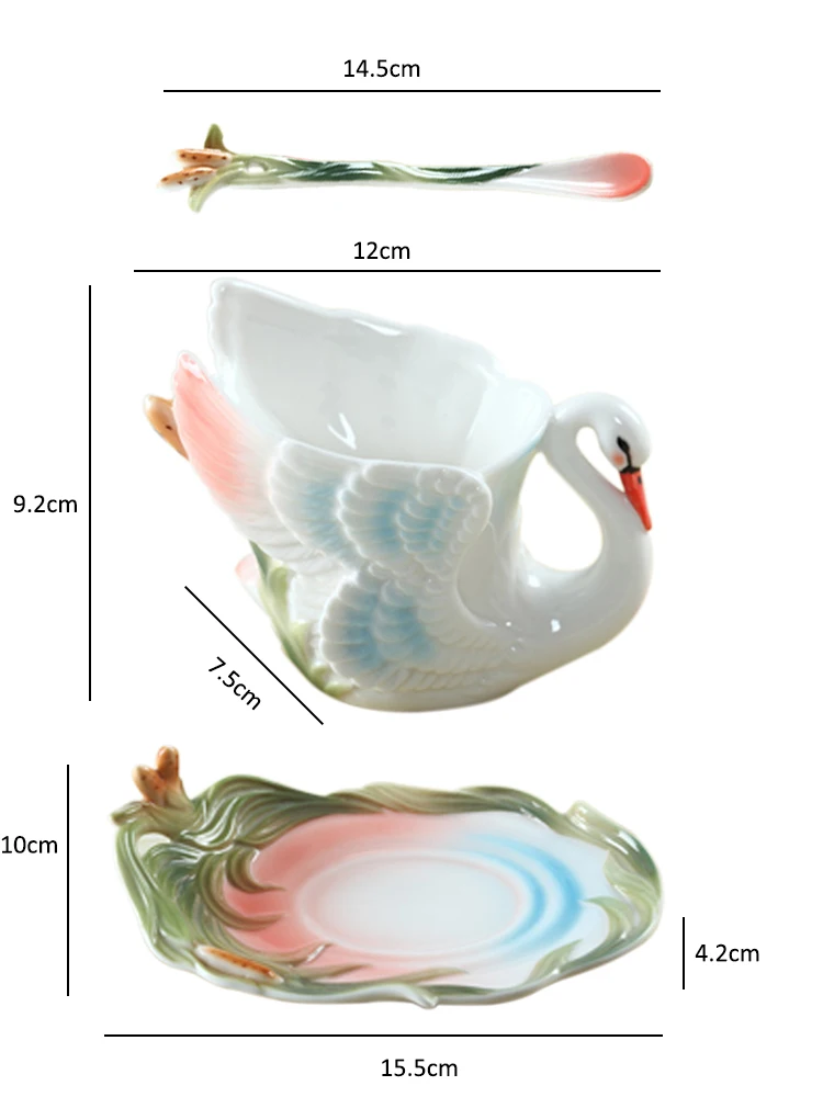 Swan Shape Creative 3d Design Ceramic Cup Enamel Coffee Cup Mug Porcelain Tea Cup and Saucer Spoon Drinkware