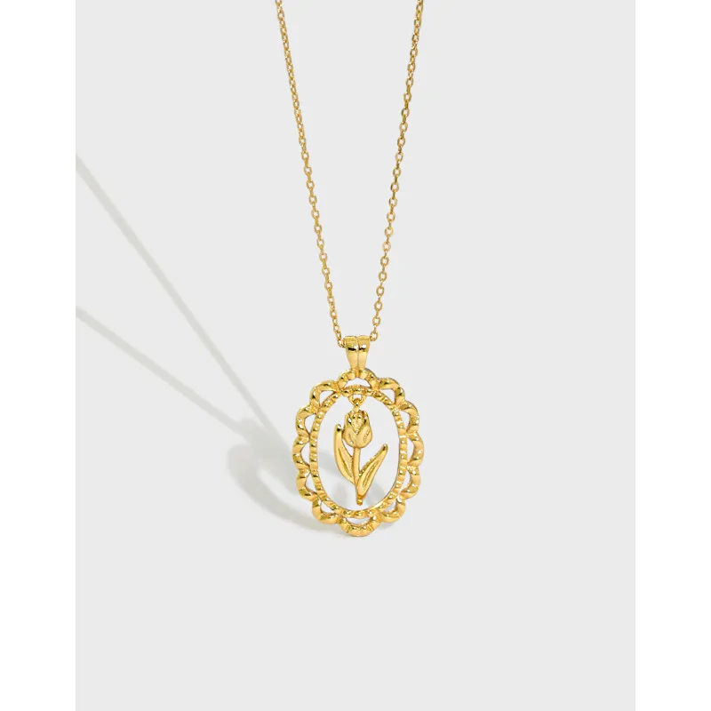 Korean Version Oval Brand Hollow Collarbone Chain Ins Niche Temperament Tulip Flower S925 Pure Silver Necklace for Women
