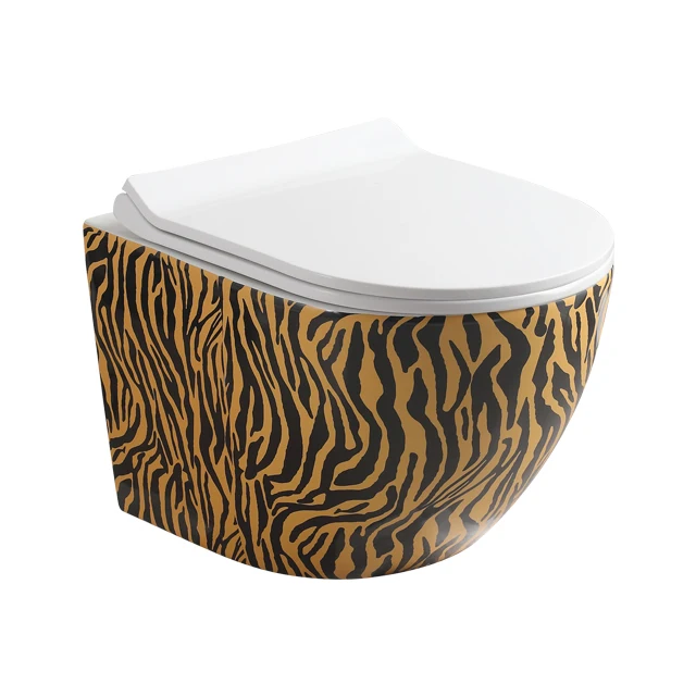 Luxury Zebra-Stripes Rimless Wall Hung WC Bathroom P Trap Ceramic Toilet Bowl With Concealed Cistern