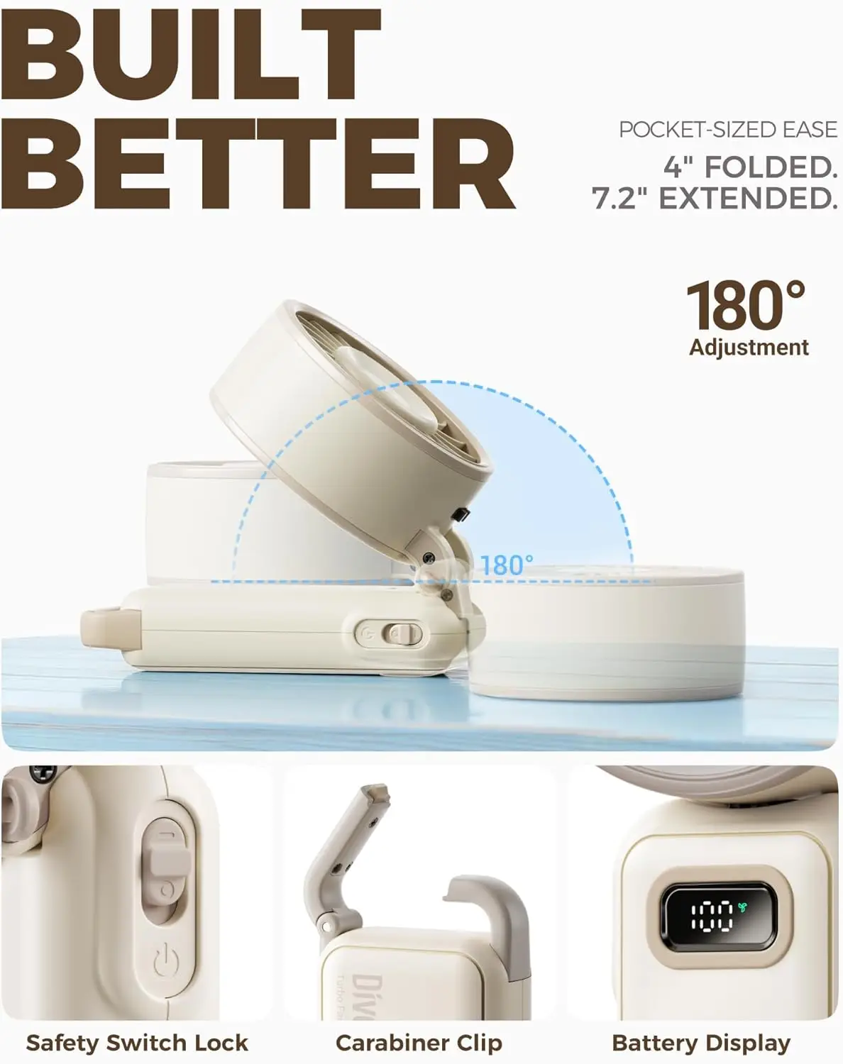Portable Handheld Fan 7.4m/s High Speed Turbo 180 Foldable 4-in-1 Neck Fan Carabiner Clip 100 Speed Battery Powered Plastic
