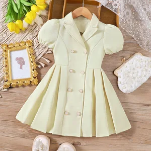 Summer Fashion Pure Color Dress Puff Sleeve Lapel Design Girls Dresses for Girls