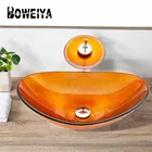 Modern Art Boat Oval Shaped Orange Coloring Unbreakable Glass Toilets and Sinks Bathroom Vessel Color Wash Basin