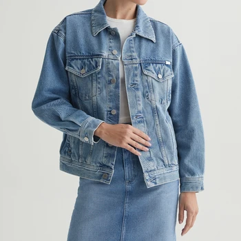 OEM/ODM Custom Light Blue Oversized Trucker Jacket for Women 100% Cotton Rigid Denim with Vintage Details for Summer Winter
