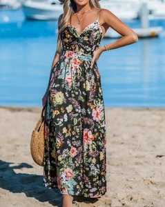 Factory Ladies' Eco-Friendly Summer Floral Chiffon Maxi Dress Halter Neck Natural Back Lace Pastoral OEM Service Available