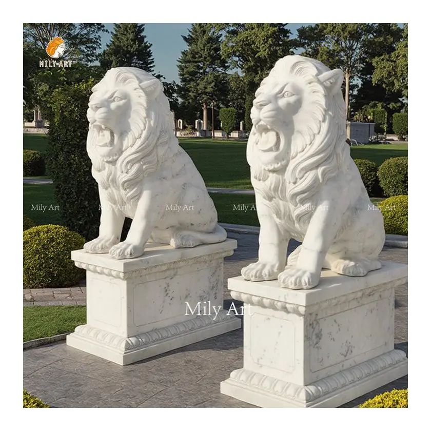 Life Size Decoration High Quality Stone Sculpture White Sitting Marble Lion Statue for Garden