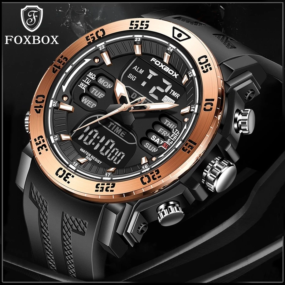 2022 LIGE Foxbox FB0021 Dual Display Sport Mens Watches Top Luxury Quartz Wristwatch for Men Waterproof Digital Clock