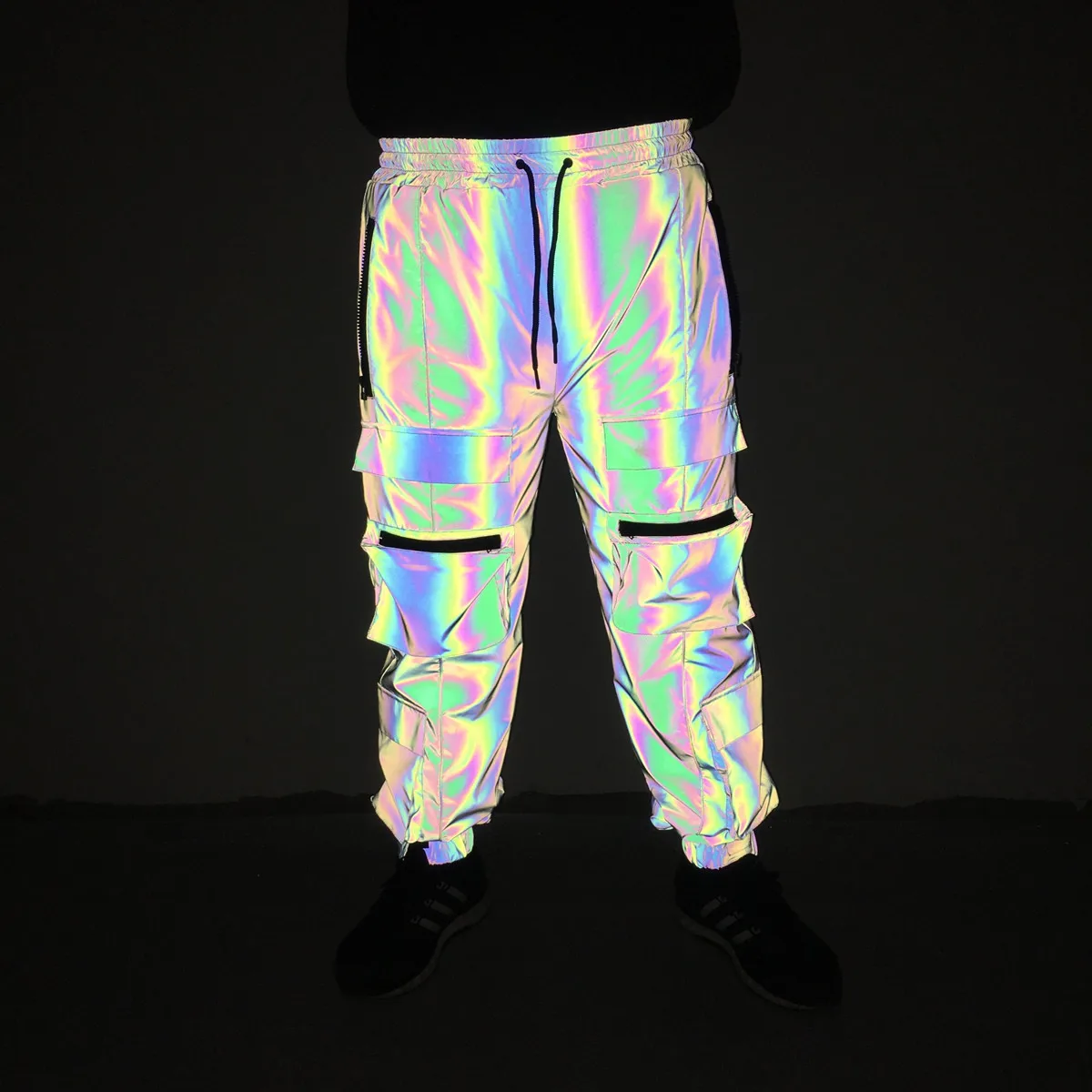Iridescent polyester hip-hop casual sports pants mens multi-pocket
