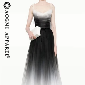 Haute Couture Fashion Ladies Thin Sling Satin Fluffy Ruffled Long A-Line Off-the-Shoulder Skirt