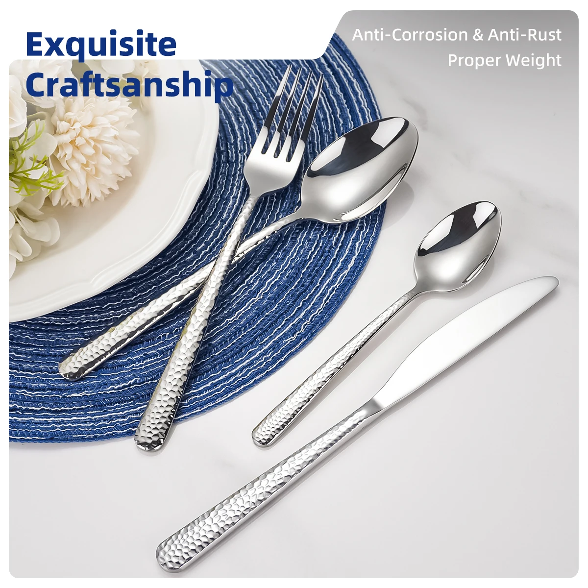 Middle East Silverware Restaurant Cutlery High Quality Stainless Steel Hammer 7/28/128 Pcs Spoon Fork Knife Silver Flatware Set