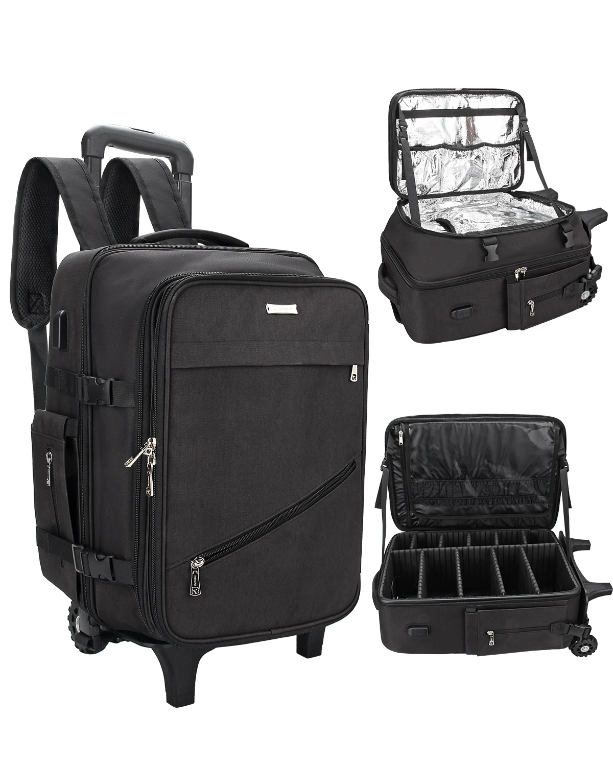 ReIaveI Adjustable Makeup Artist Handcart Hairdresser Backpack USB Rolling Train Case Zipper Closure for Hairstylist Travel Bag