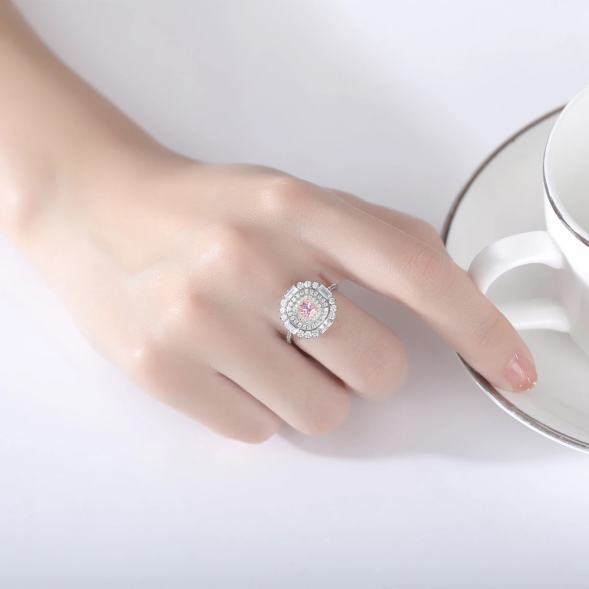 CZCITY Lady Girl Chunky Custom New Modern Fashion Jewelry Women Pink  Diamond Zircon Sterling Silver Ring