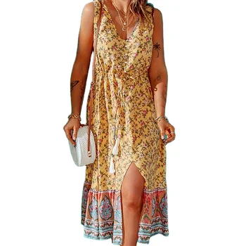 Plus Size Floral Print Button Front Tank Dress Summer Casual V Neck Sleeveless Slit Dresses with Belt