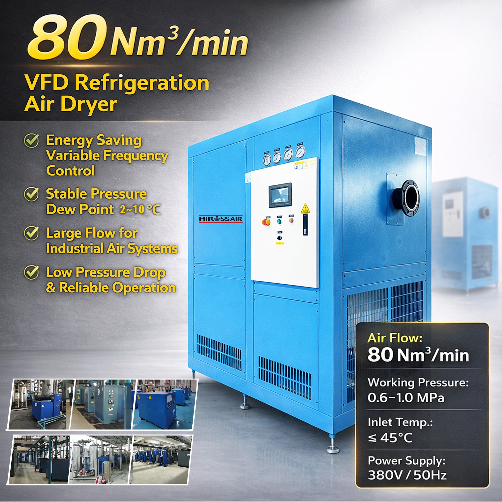 Hiross 120m³/min Compressed Refrigerated Variable Frequency Air Dryer Machine for Air Compressor & Industrial Applications