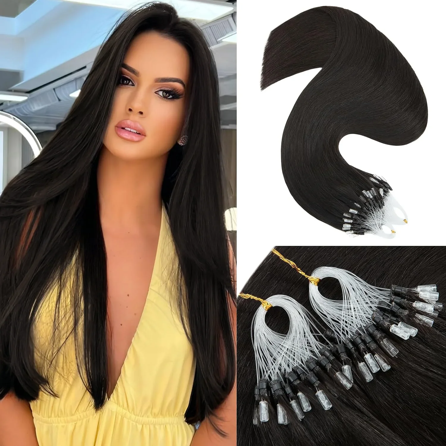Extension per capelli Fish Line Micro Loop 1g/ciocca 50g Micro Beads Remy Extension per capelli lisci Colore naturale #1B Per donne 16-26 pollici_voghion.com