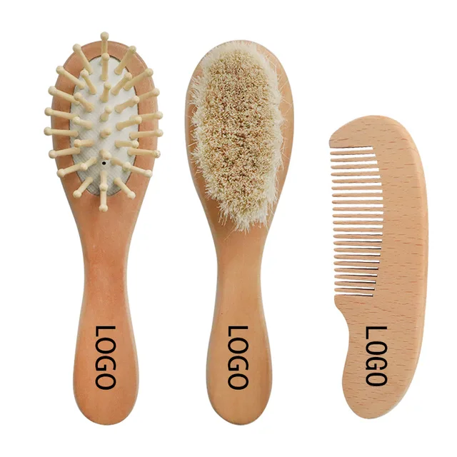 2024 Popular Custom Logo Mini Shower Head Scalp Massage Cushioned Shampoo Brush Hair Comb Kit With Wooden Handle For Baby Use