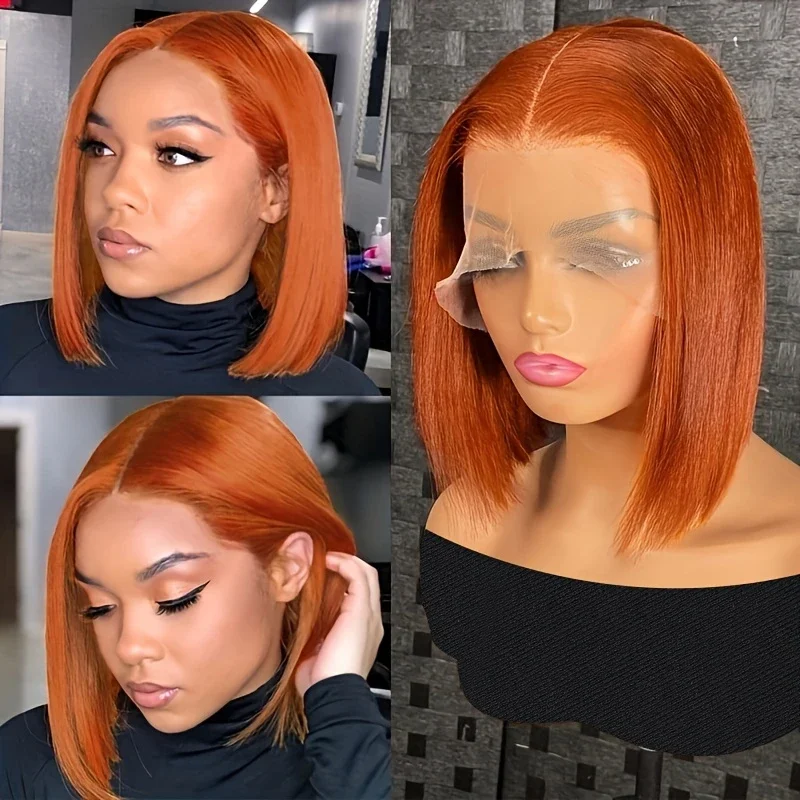 Parrucca Bob Liscia Arancione Zenzero 13x4 Parrucche Frontali in Pizzo Trasparente per Capelli Umani da Donna Capelli Remy 10-14 Pollici_voghion.com