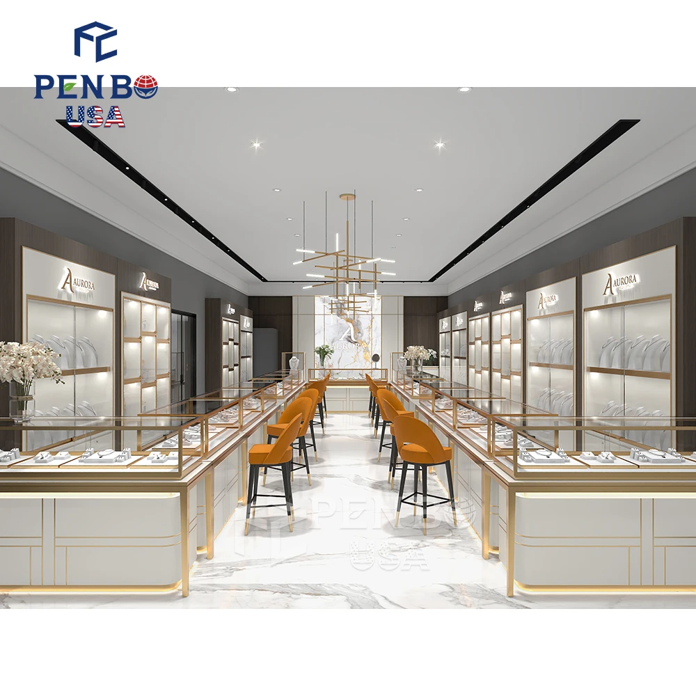 Elegant Luxury Gold Jewelry Store Display Showcase LED Light