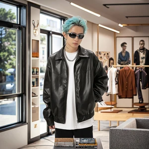 OEM & ODM Autumn Vintage Fashion Stand Collar Rabbit Jacket High Street American Brand Black Leather