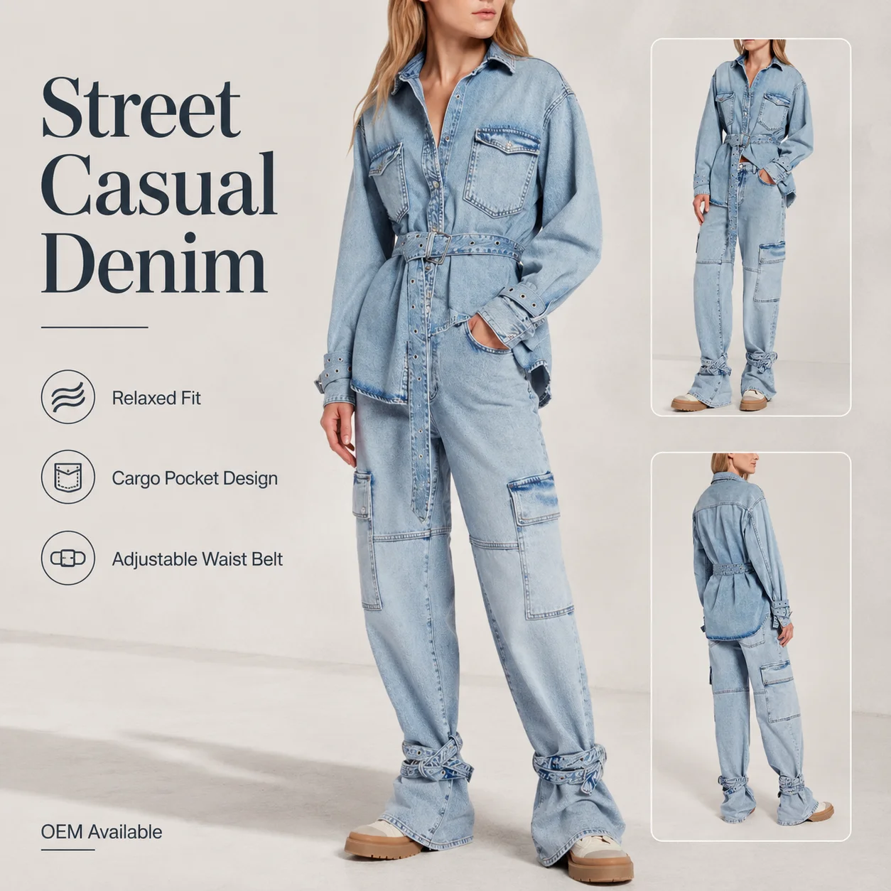Wholesale New Fashion Casual Style Oversize Loose Breathable 100% Cotton Light Wash Long-Sleeve Comfortable Belted Women's Denim